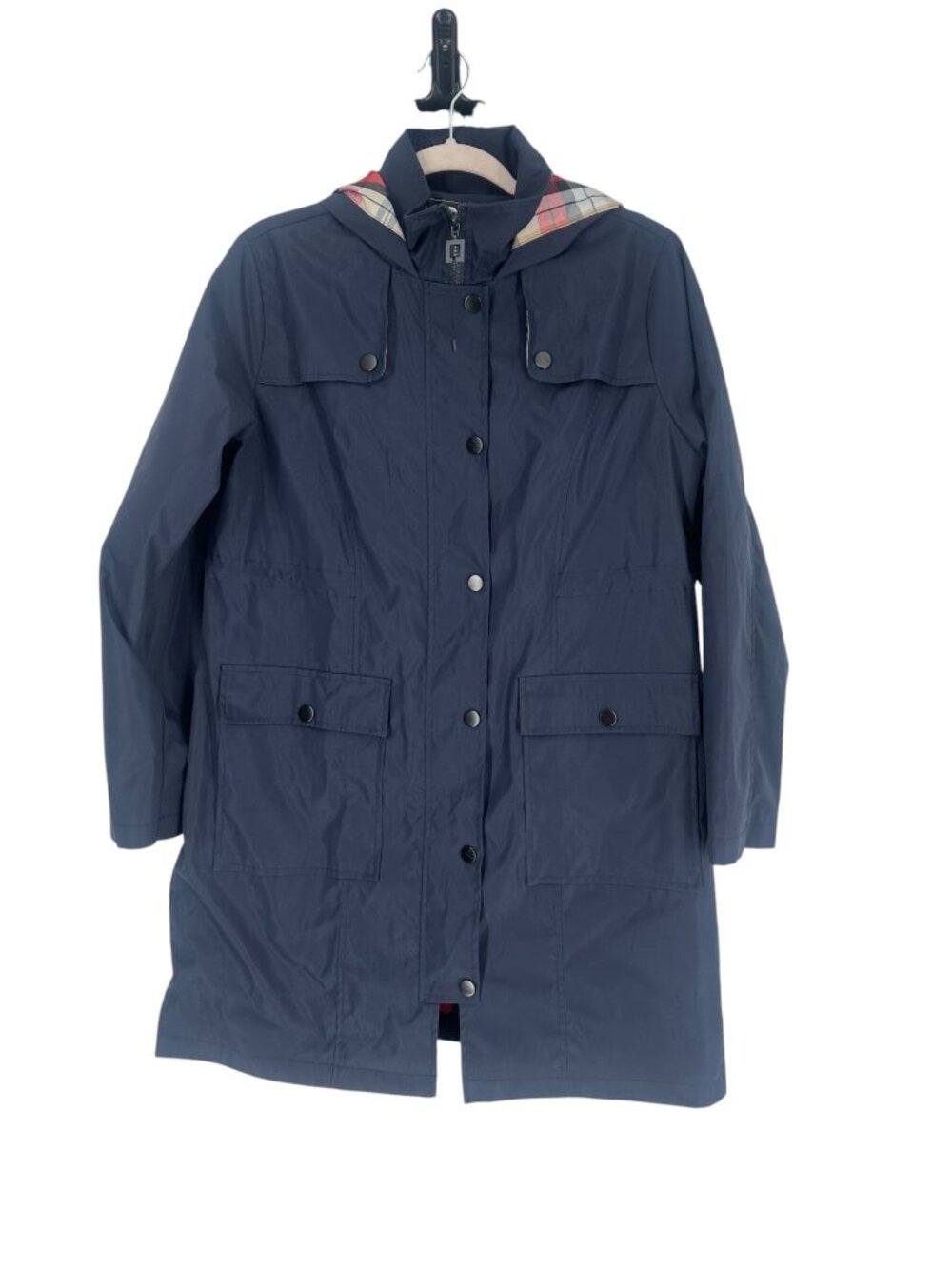 Saphirose Waterproof Rain Jacket Medium Navy Blue Hooded Coat Plaid Tartan